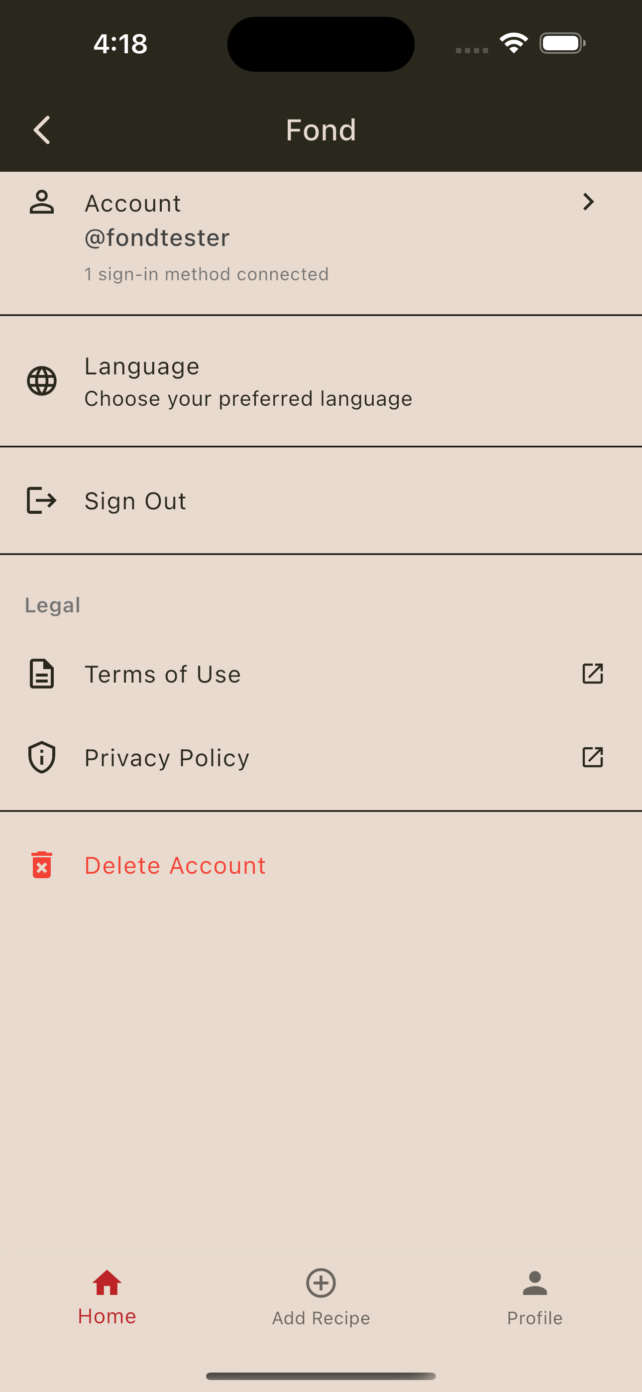 Delete account screen